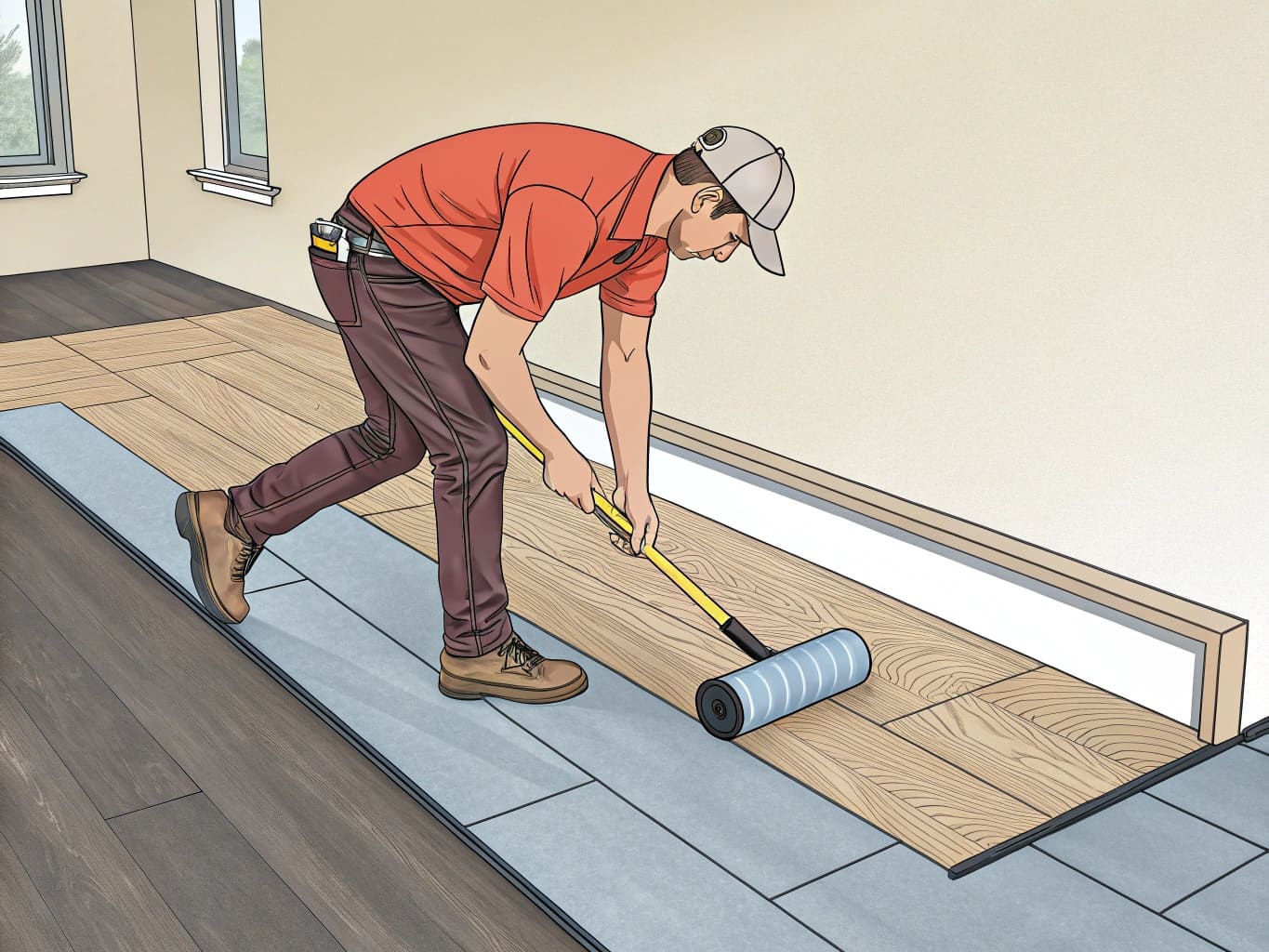Worker installing self-adhesive LVT flooring, demonstrating easy application for bulk buyers.
