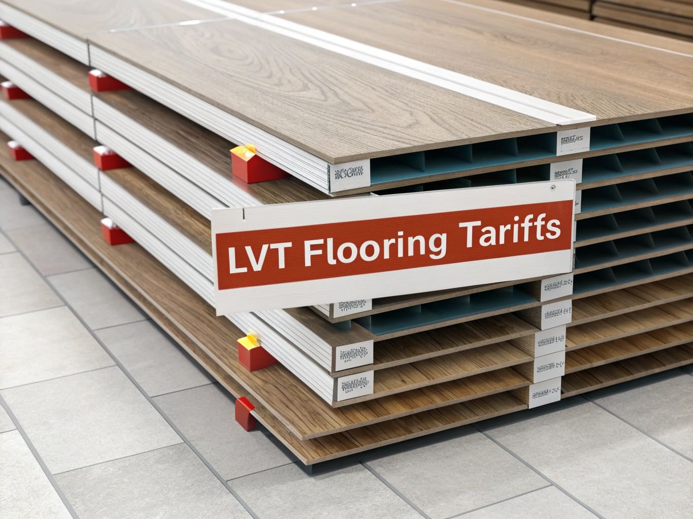 alt text: Stack of LVT flooring planks with price tags showing tariff impact
