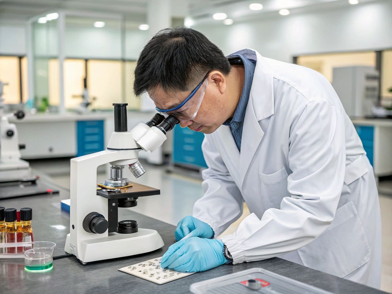 Laboratory technician inspecting a vinyl flooring sample for quality control