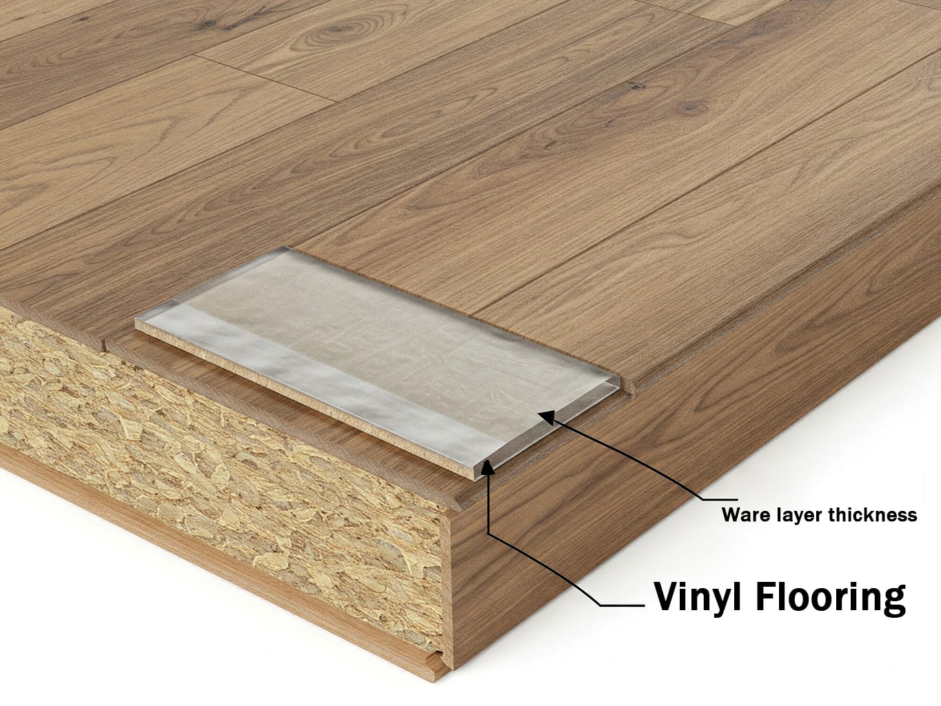 Close up showing the wear layer on a vinyl plank