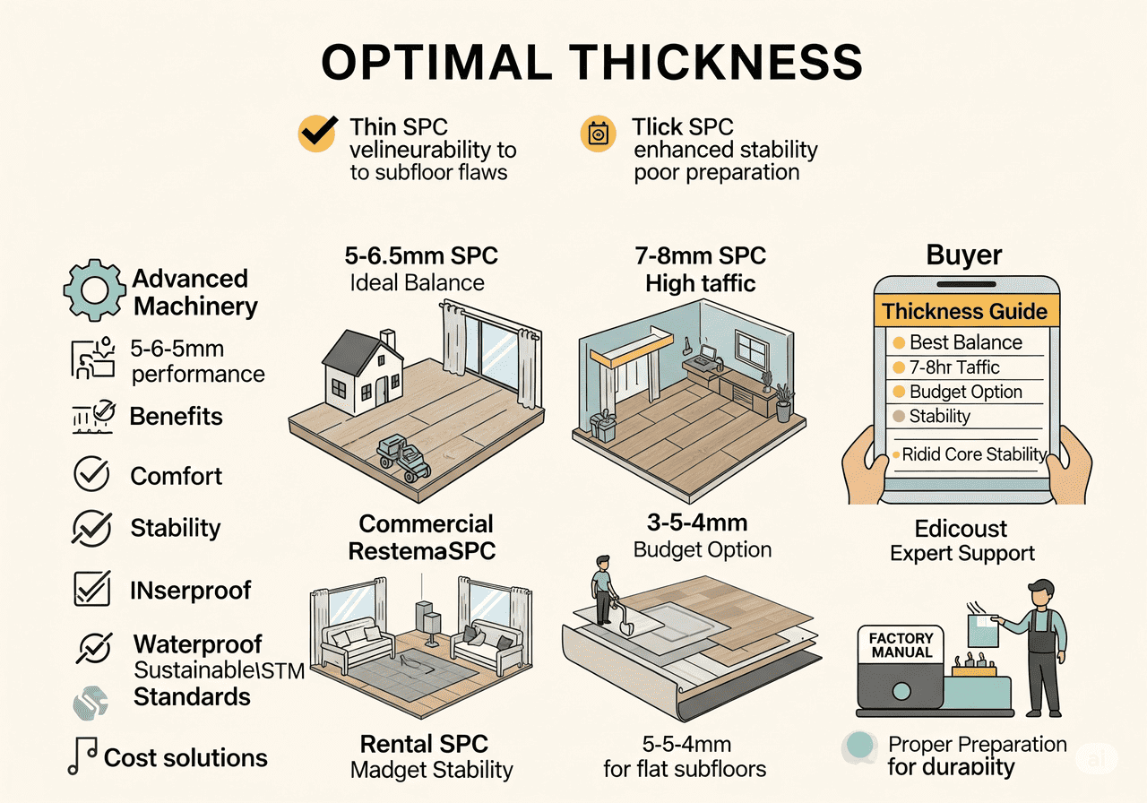 SPC Optimal Thickness Optimal Thickness for SPC Flooring: Provides a thickness guide for buyers, showcasing 5-6.5mm SPC for ideal balance in commercial/residential use and 7-8mm for high traffic. Discusses benefits like comfort, stability, waterproofness, and sustainability, emphasizing proper preparation for durability.