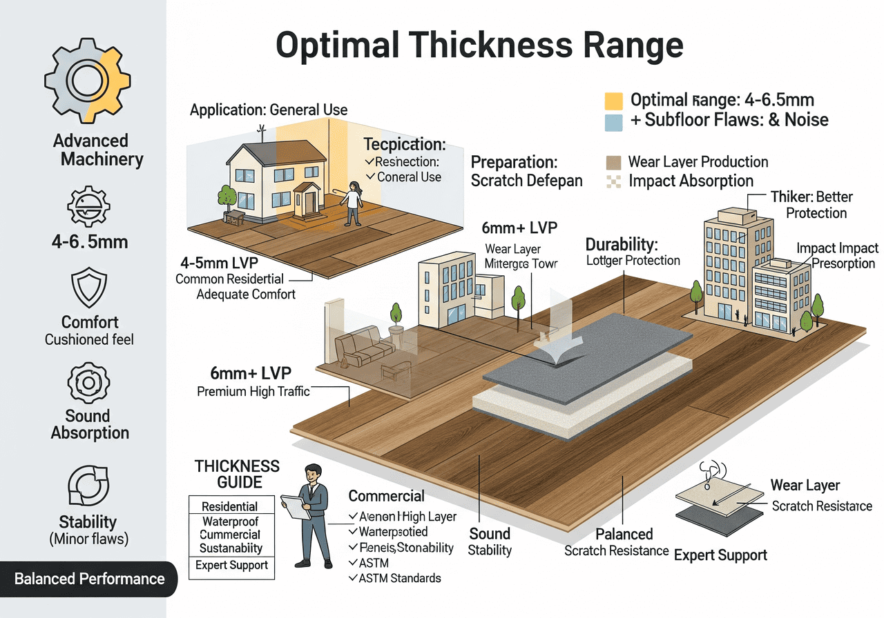 LVP Optimal Thickness Optimal Thickness Range for LVP: Offers an optimal range of 4-6.5mm for general use, with 6mm+ LVP for premium high traffic and enhanced protection, impact absorption, and sound absorption. Emphasizes balanced scratch resistance and stability, with expert support and adherence to ASTM standards.