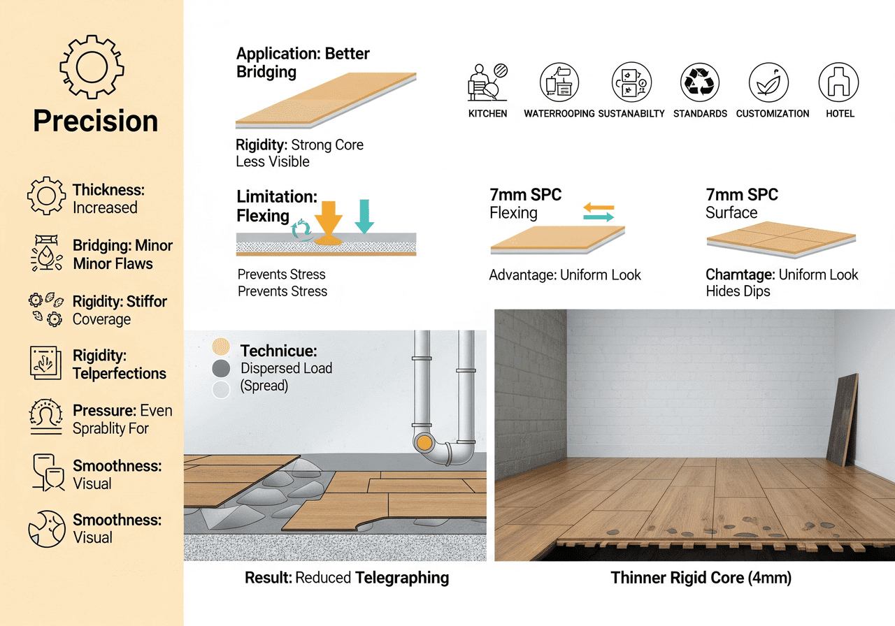 Flooring Precision Precision Bridging for Flooring: Increased Thickness Prevents Flexing: Highlights how increased thickness (7mm SPC) with a strong core improves bridging over minor flaws, reduces telegraphing, and provides a uniform look by hiding dips, ensuring precise load dispersion and smoother visual results.