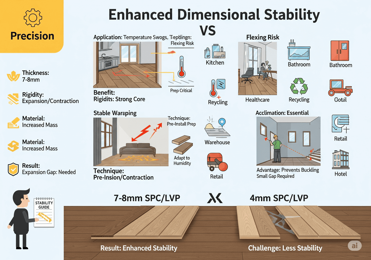 Flooring Stability Enhanced Dimensional Stability: 7-8mm SPC/LVP vs 4mm: Compares the stability of thicker (7-8mm) SPC/LVP, emphasizing its rigidity for stable warping and resistance to expansion/contraction from temperature swings, versus the challenges of thinner (4mm) options, highlighting critical pre-install prep and acclimation.