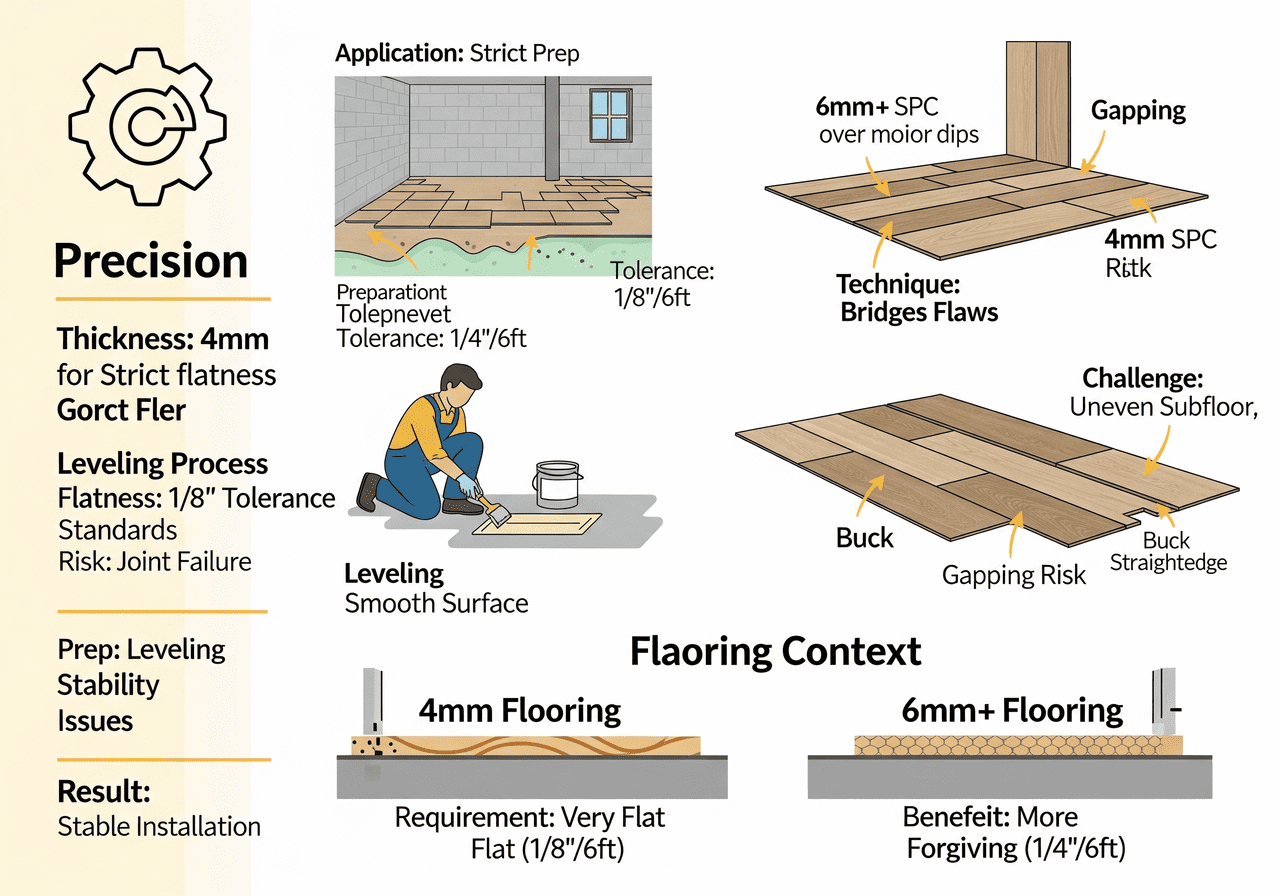 Flooring Flatness Flooring Context: 4mm vs. 6mm+ for Subfloor Flatness: Details the strict flatness requirements for 4mm flooring (1/8"/6ft tolerance) compared to the more forgiving 6mm+ flooring (1/4"/6ft), emphasizing the importance of subfloor leveling to prevent gapping and joint failure for stable installation.