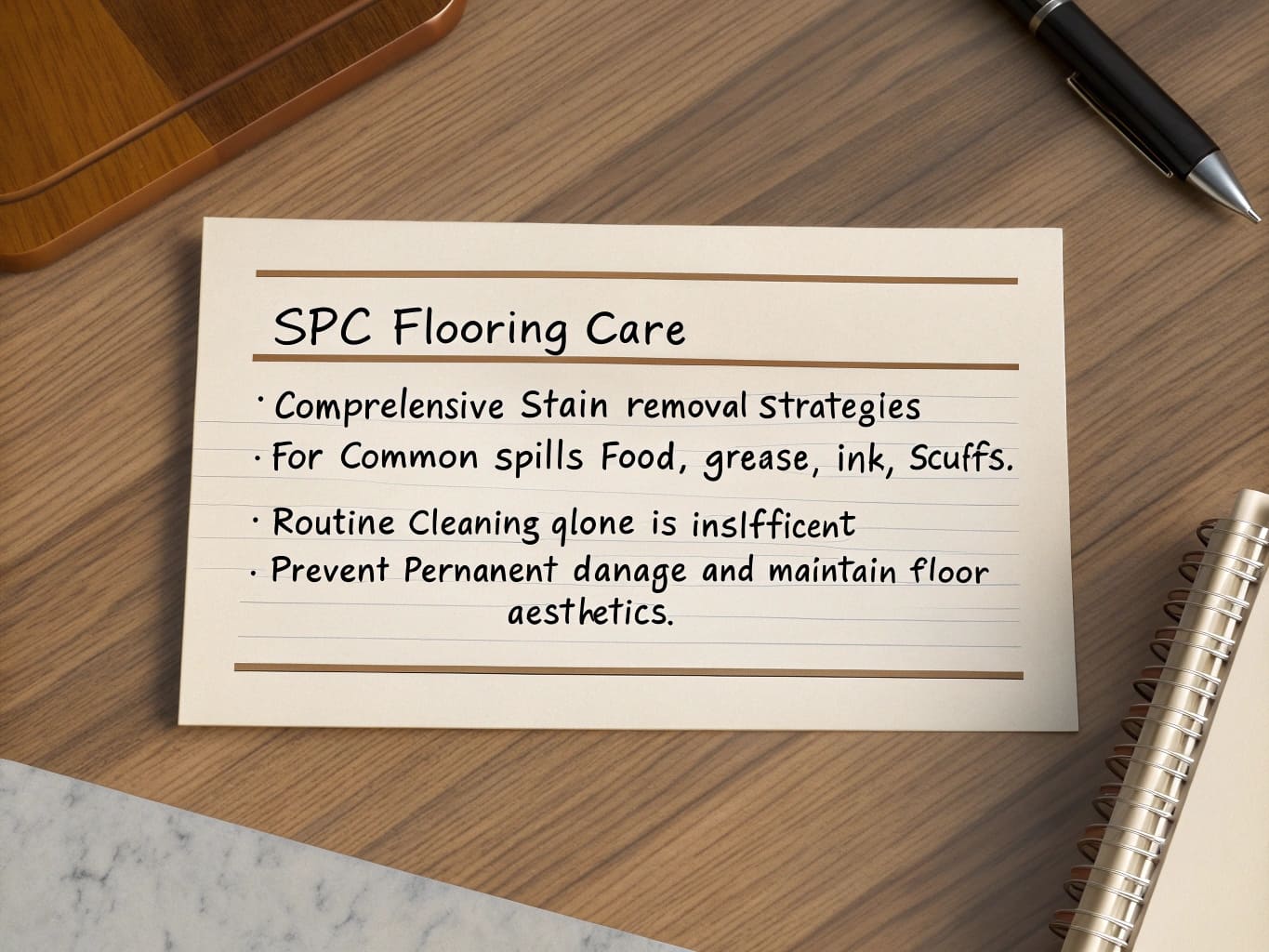 Lined index card with "SPC Flooring Care" as title, outlining stain removal strategies for common spills like food, grease, ink, scuffs, and emphasizing that routine cleaning alone is insufficient to prevent damage and maintain aesthetics.