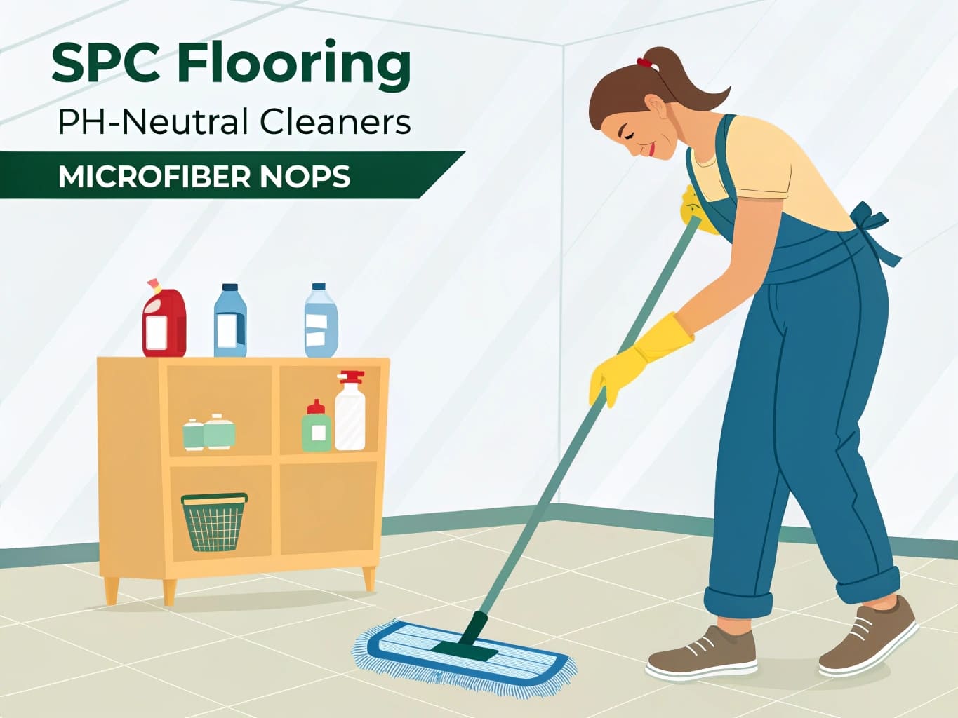 Illustration of a person using a microfiber mop with PH-neutral cleaners on SPC flooring, showing recommended cleaning products and tools.