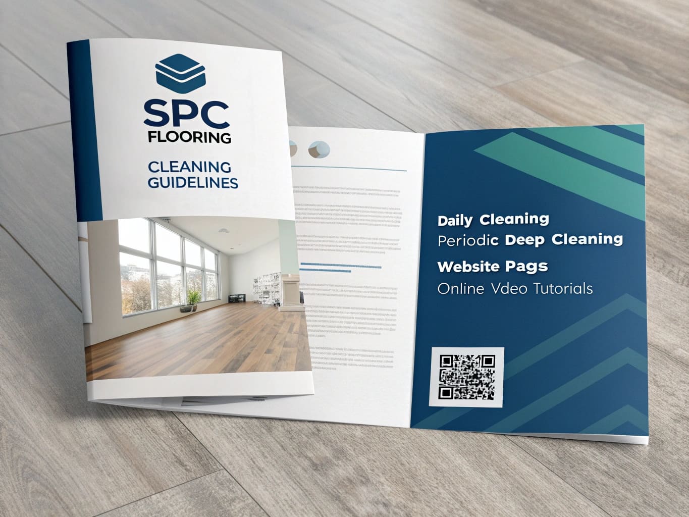 SPC Flooring Cleaning Guidelines brochure with QR code, showing daily and deep cleaning instructions for vinyl plank flooring.