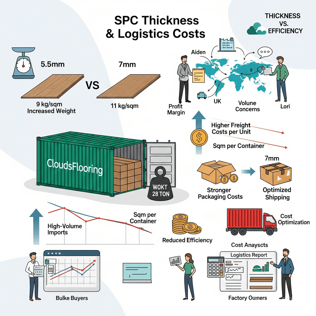 CloudsFlooring: SPC thickness and logistics costs for 5.5mm vs. 7mm