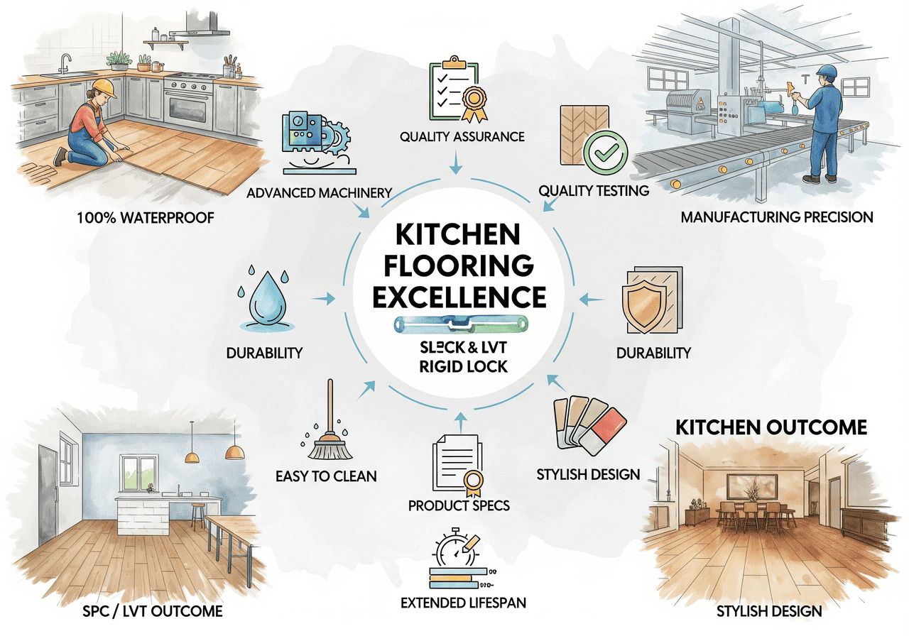 Kitchen Flooring Excellence: 100% waterproof Sleek & LVT Rigid Lock, with advanced machinery, quality assurance, and manufacturing precision for durability and stylish design.