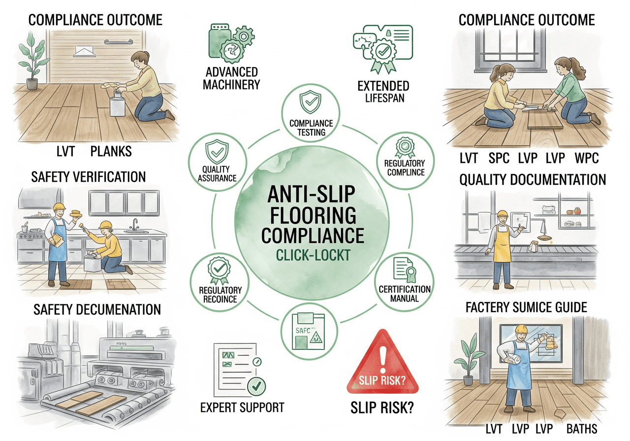 Anti-Slip Flooring Compliance: Ensures safety and extended lifespan of LVT planks through advanced machinery, quality assurance, and regulatory compliance.