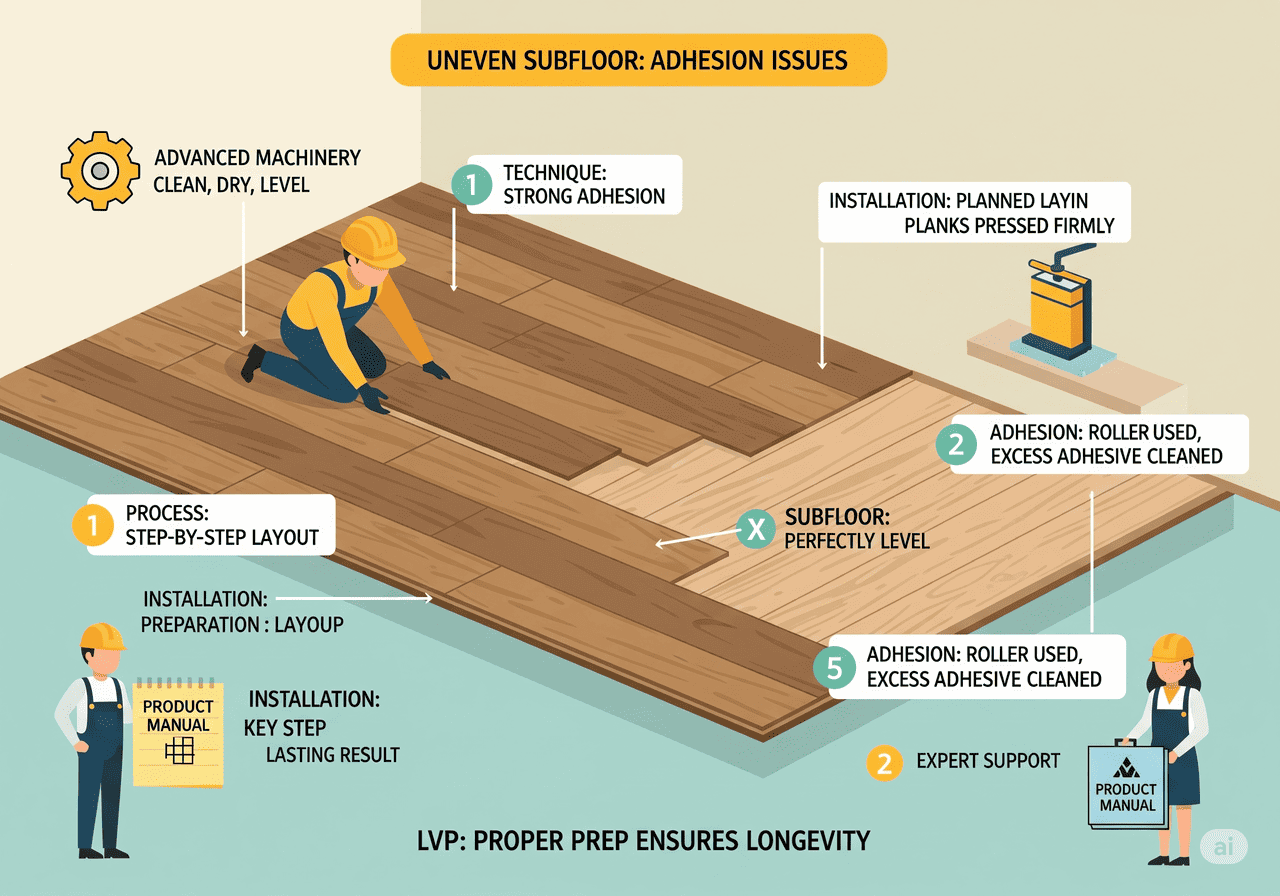 LVP Installation Guide LVP: Proper Prep Ensures Longevity: Illustrates step-by-step LVP installation, emphasizing strong adhesion, subfloor leveling, and the use of rollers for lasting results, supported by advanced machinery and product manuals.