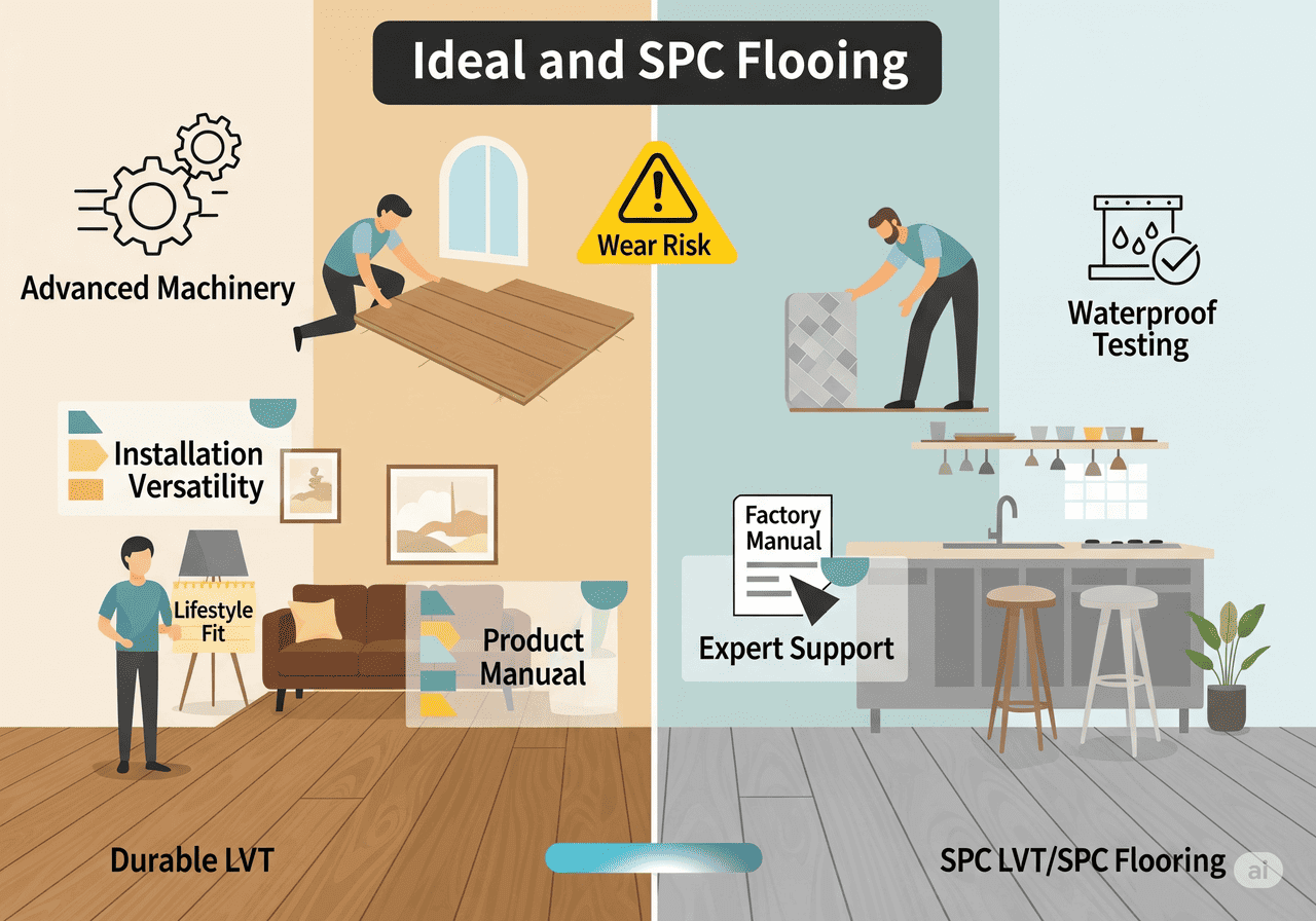 Ideal and SPC Flooring: Contrasting durable LVT with SPC LVT/SPC flooring, highlighting wear risk, waterproof testing, advanced machinery, installation versatility, lifestyle fit, and expert support for a perfect flooring solution.