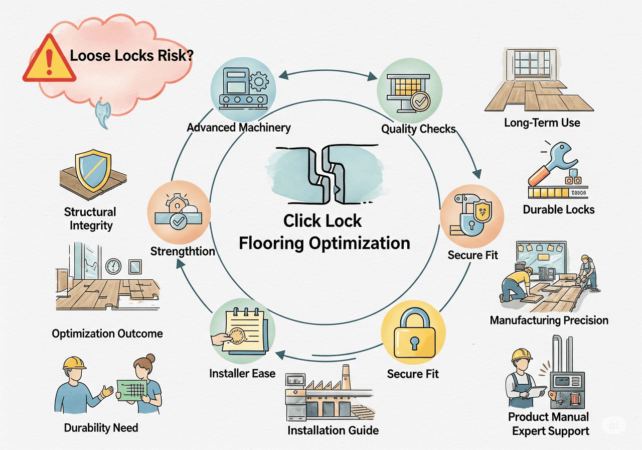 Click Lock Optimization Click Lock Flooring Optimization: Prevents loose locks with advanced machinery, quality checks, durable locks, secure fit, and installer ease for long-term use.
