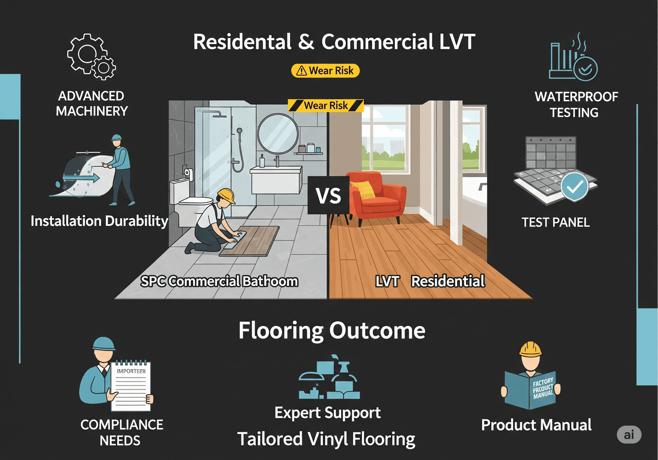 Residential & Commercial LVT Flooring Outcome: Compares SPC commercial bathroom flooring and LVT residential, highlighting wear risk, waterproof testing, and installation durability with expert support for tailored vinyl solutions.