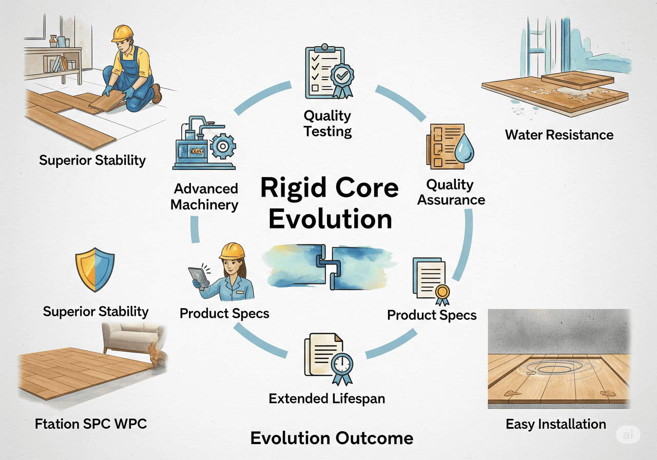Rigid Core Evolution: Shows advanced machinery, quality testing, and quality assurance leading to superior stability, water resistance, easy installation, and extended lifespan.
