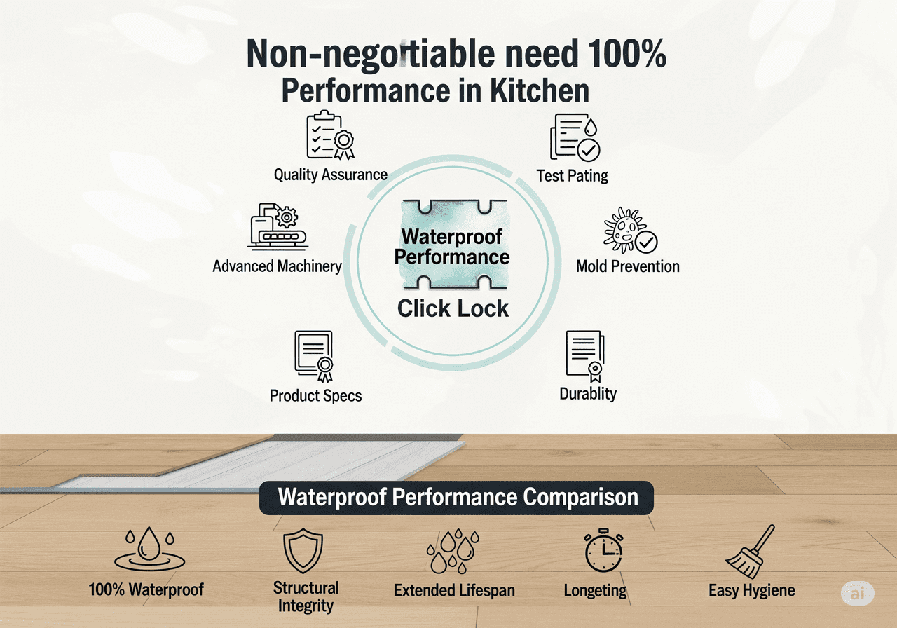 Waterproof Performance: Essential for Kitchens: Highlights 100% waterproof click-lock flooring with advanced machinery, quality assurance, mold prevention, and extended lifespan for superior performance.