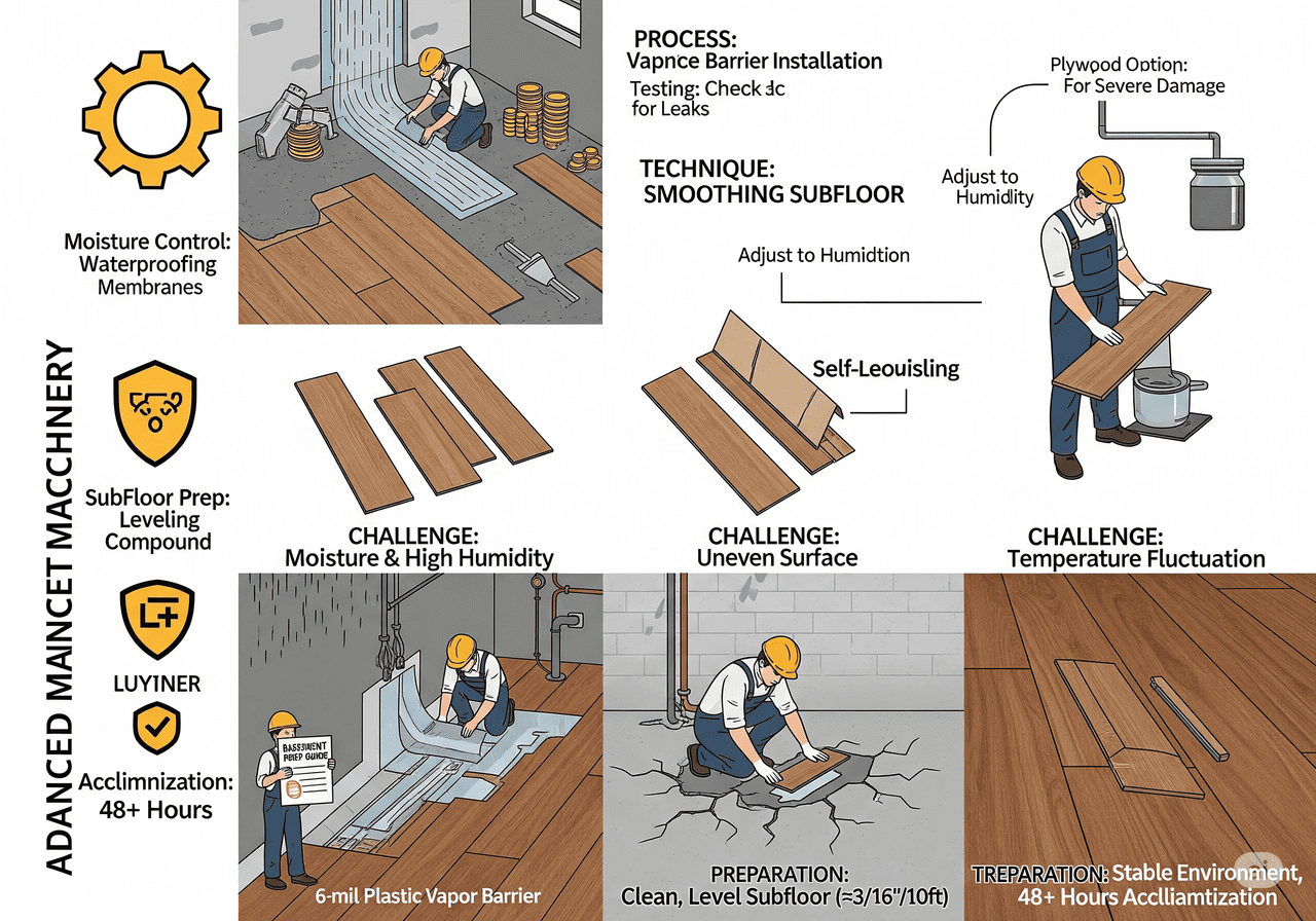 LVT SPC Subfloor Prep Moisture Control & Subfloor Prep for LVT/SPC: Addresses challenges like moisture, uneven surfaces, and temperature fluctuations, showcasing vapor barrier installation, subfloor smoothing, and acclimation techniques (48+ hours) with advanced machinery for optimal results.