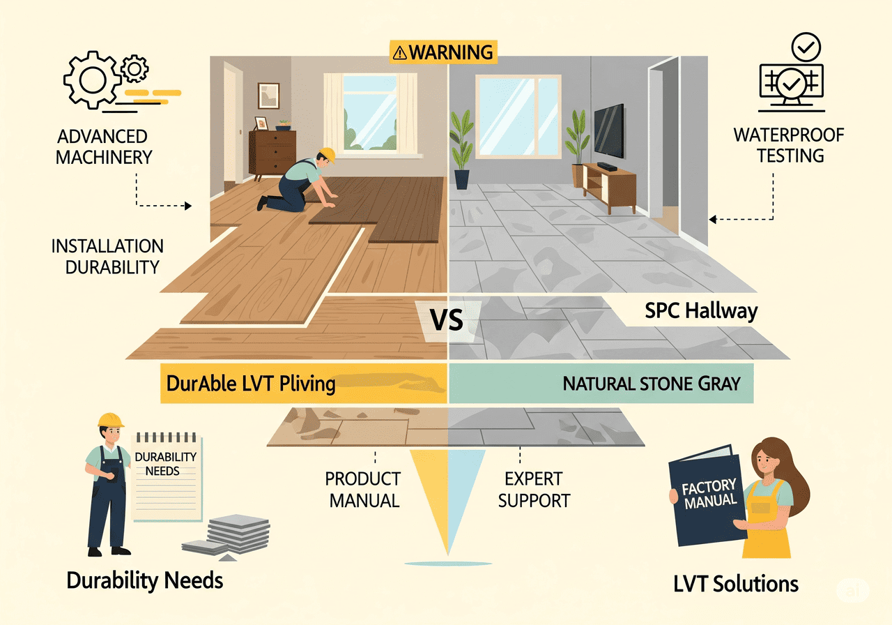 Durable LVT vs. Natural Stone Gray SPC Hallway: Compares durability, installation, and aesthetics, emphasizing waterproof testing, advanced machinery, and expert support for long-lasting LVT solutions with a natural stone look.