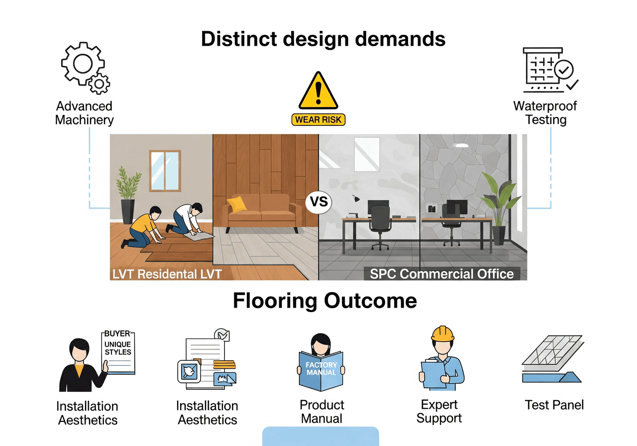 Distinct Design Demands: LVT Residential vs. SPC Commercial Office: Illustrates wear risk differences and aesthetic considerations between residential LVT and commercial SPC, supported by advanced machinery, waterproof testing, and expert guidance for optimal flooring outcomes.