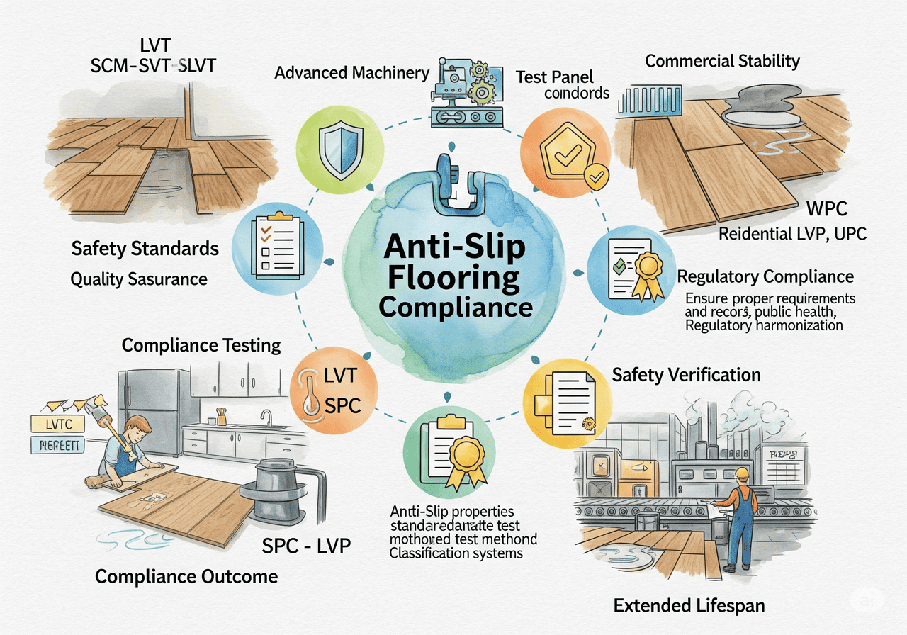 Anti-Slip Flooring Compliance: Details safety standards, regulatory compliance for commercial stability, and anti-slip properties testing for LVT and SPC.