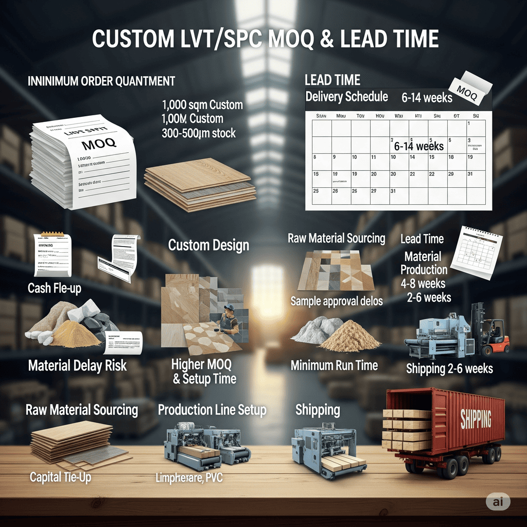 Custom LVT/SPC Lead Time Custom LVT/SPC MOQ & Lead Time: Minimum order quantities and production/shipping schedules for custom designs