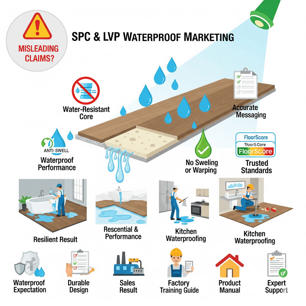 SPC & LVP Waterproof Marketing: Highlights accurate messaging, anti-swell performance, and trusted FloorScore standards.
