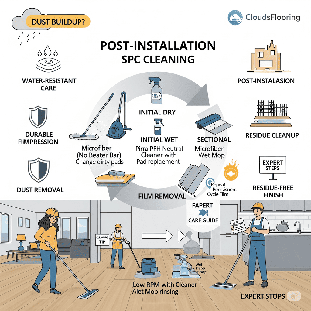 CloudsFlooring Post-Installation SPC Cleaning: Steps for initial dry/wet cleaning, residue cleanup, and film removal