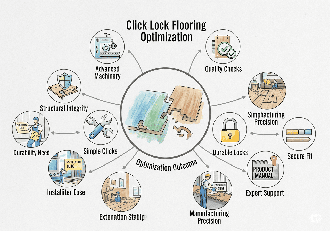 Click Lock Precision Click Lock Flooring Optimization: Highlights structural integrity, advanced machinery, quality checks, durable locks, and manufacturing precision for a secure fit.