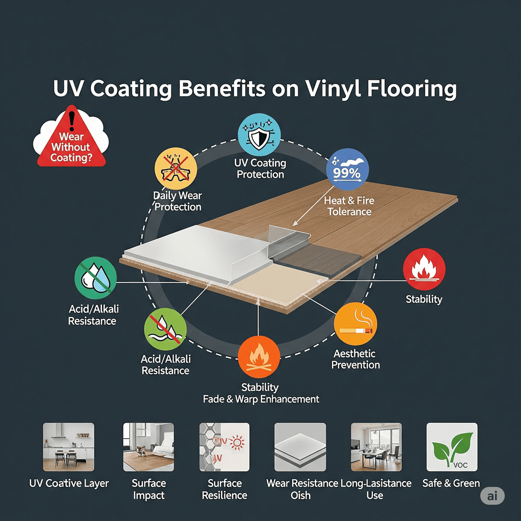 UV Coating Benefits on Vinyl Flooring: Explains daily wear protection, heat/fire tolerance, acid/alkali resistance, and aesthetic preservation.