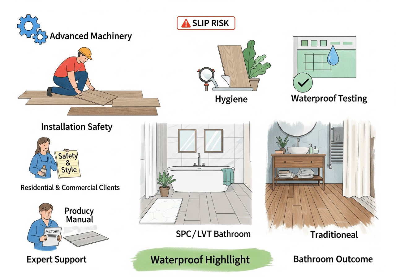 Waterproof Bathroom Waterproof Highlight: SPC/LVT Bathroom: Ensures installation safety, hygiene, and waterproof performance with advanced machinery and expert support, eliminating slip risk in bathrooms.