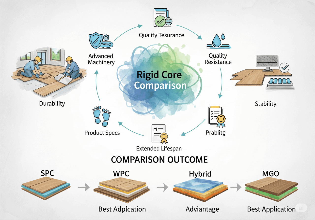 Rigid Core Comparison: Compares SPC, WPC, Hybrid, and MGO rigid core options, highlighting durability, stability, and extended lifespan based on quality testing and resistance.