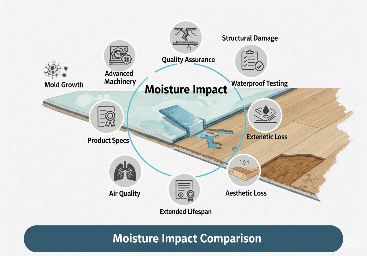 Moisture Impact Comparison: Illustrates the negative effects of moisture on flooring, emphasizing the need for advanced machinery, quality assurance, and waterproof testing to prevent damage and aesthetic loss.