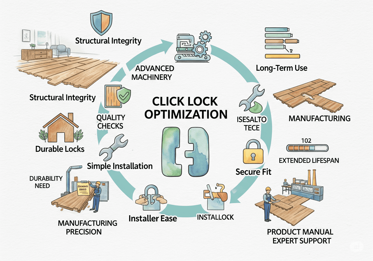 Click Lock Durability Click Lock Optimization for Extended Lifespan: Emphasizes advanced machinery, quality checks, simple installation, secure fit, and manufacturing precision for durability.