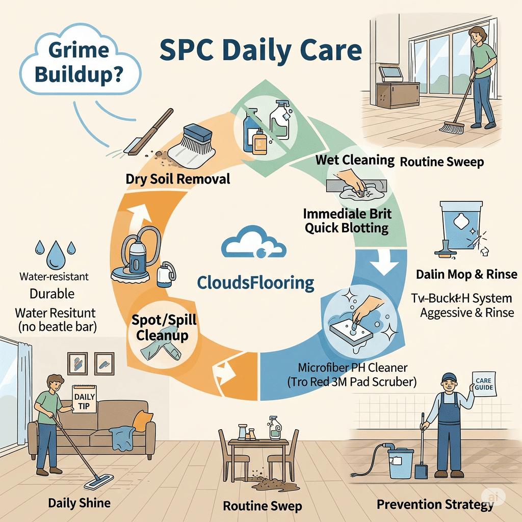 CloudsFlooring SPC Daily Care: Routine sweeping, wet cleaning, and spot/spill cleanup for grime buildup