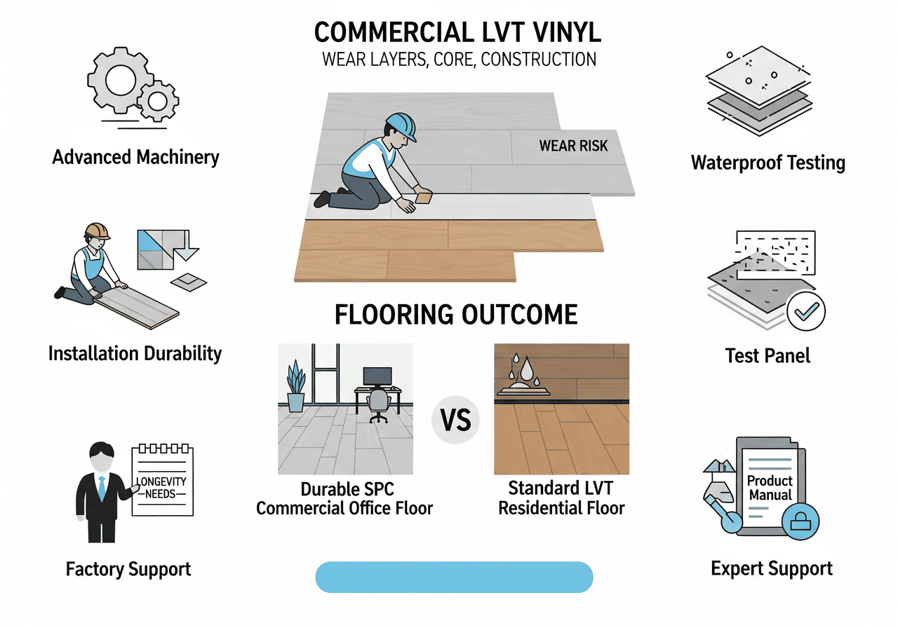 Commercial LVT Vinyl: Wear Layers, Core, Construction: Compares durable SPC commercial office floor with standard LVT residential, emphasizing wear risk, waterproof testing, installation durability, and the importance of factory and expert support for longevity.