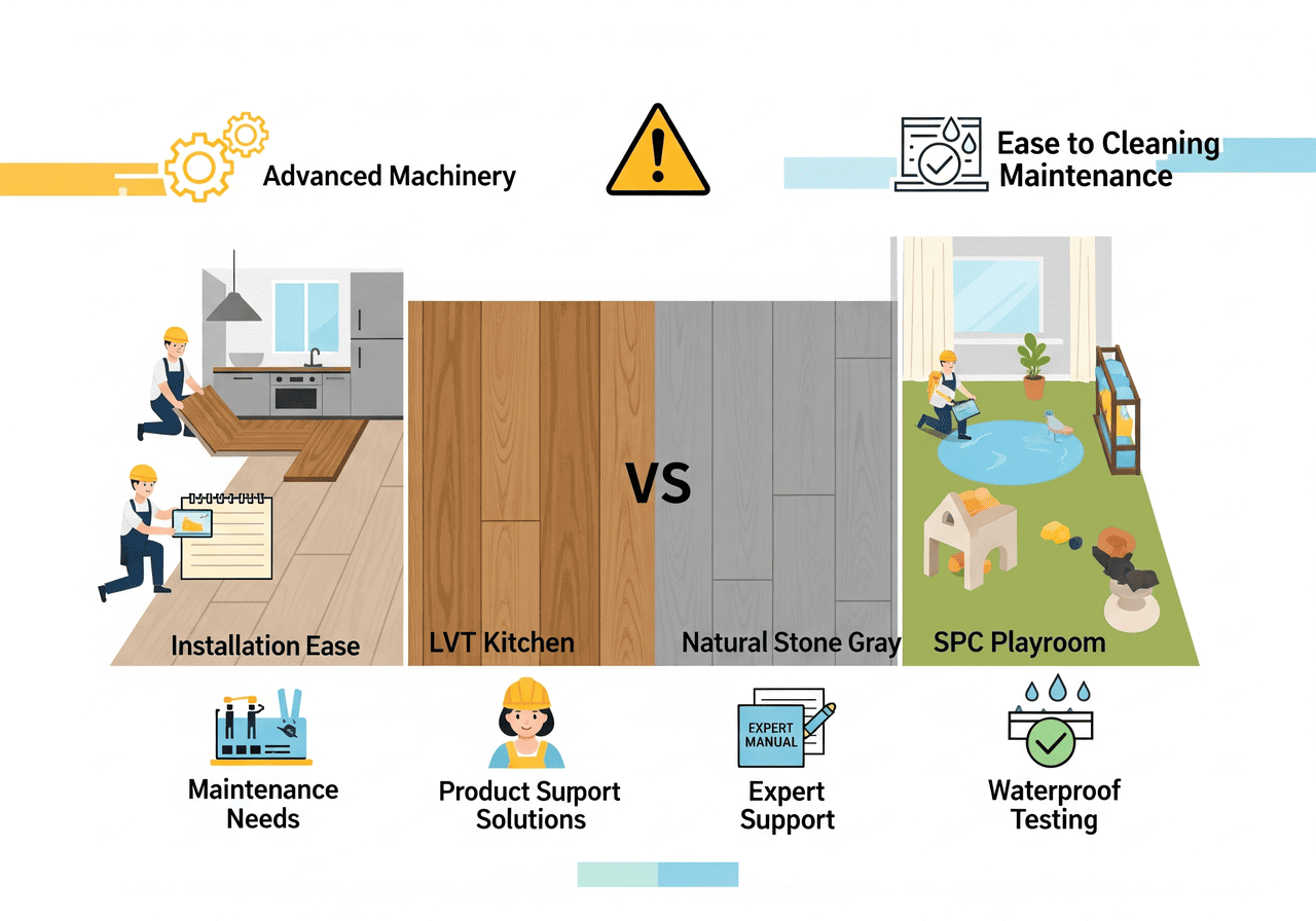 LVT Kitchen vs. Natural Stone Gray SPC Playroom: Focuses on ease of cleaning, maintenance needs, installation ease, and waterproof testing, showcasing the benefits of LVT for kitchens and SPC for playrooms with advanced machinery and expert support.