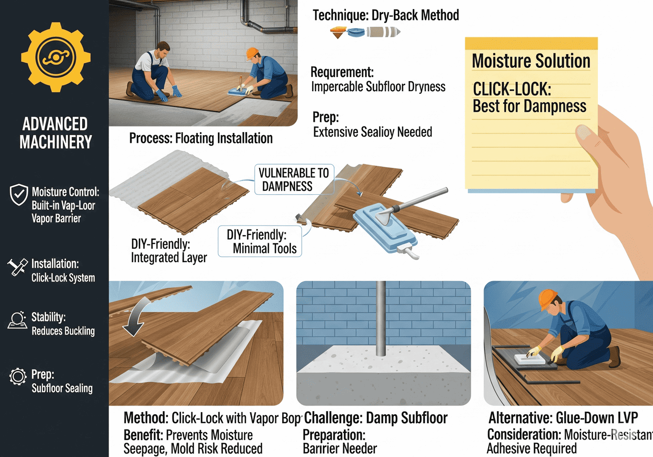 LVP Floating Install Floating Installation & Dampness Solutions for LVP: Explains the DIY-friendly click-lock system with a built-in vapor barrier, contrasting it with dry-back and glue-down methods, highlighting the importance of subfloor dryness and sealing to prevent moisture and mold.