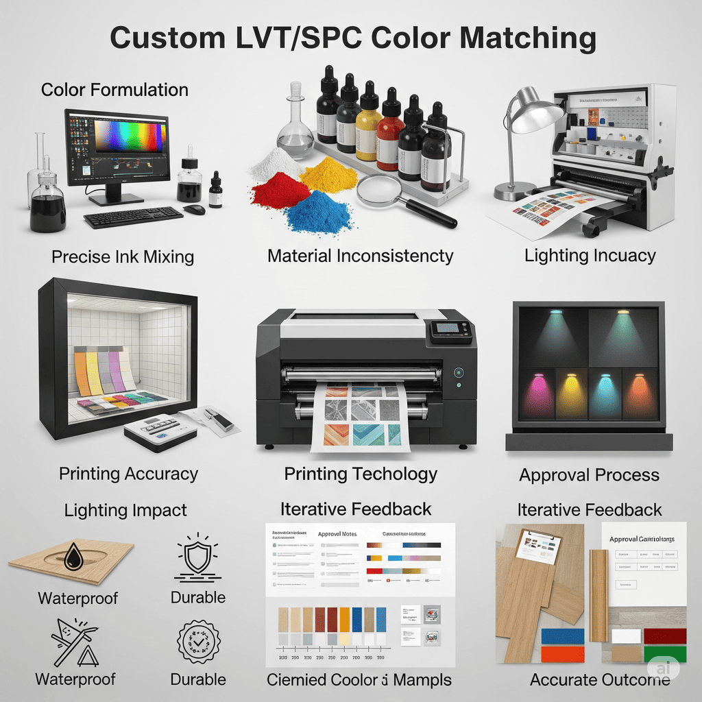 LVT/SPC Color Matching Custom LVT/SPC Color Matching: Precise ink mixing, printing accuracy, and iterative feedback for custom colors