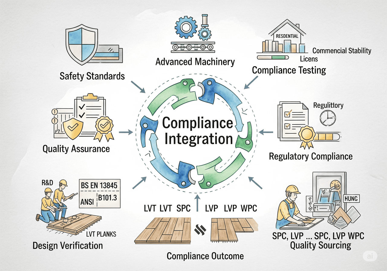 Compliance Integration for LVT, SPC, LVP, WPC: Showcases safety standards, quality assurance, advanced machinery, and regulatory compliance for superior flooring.