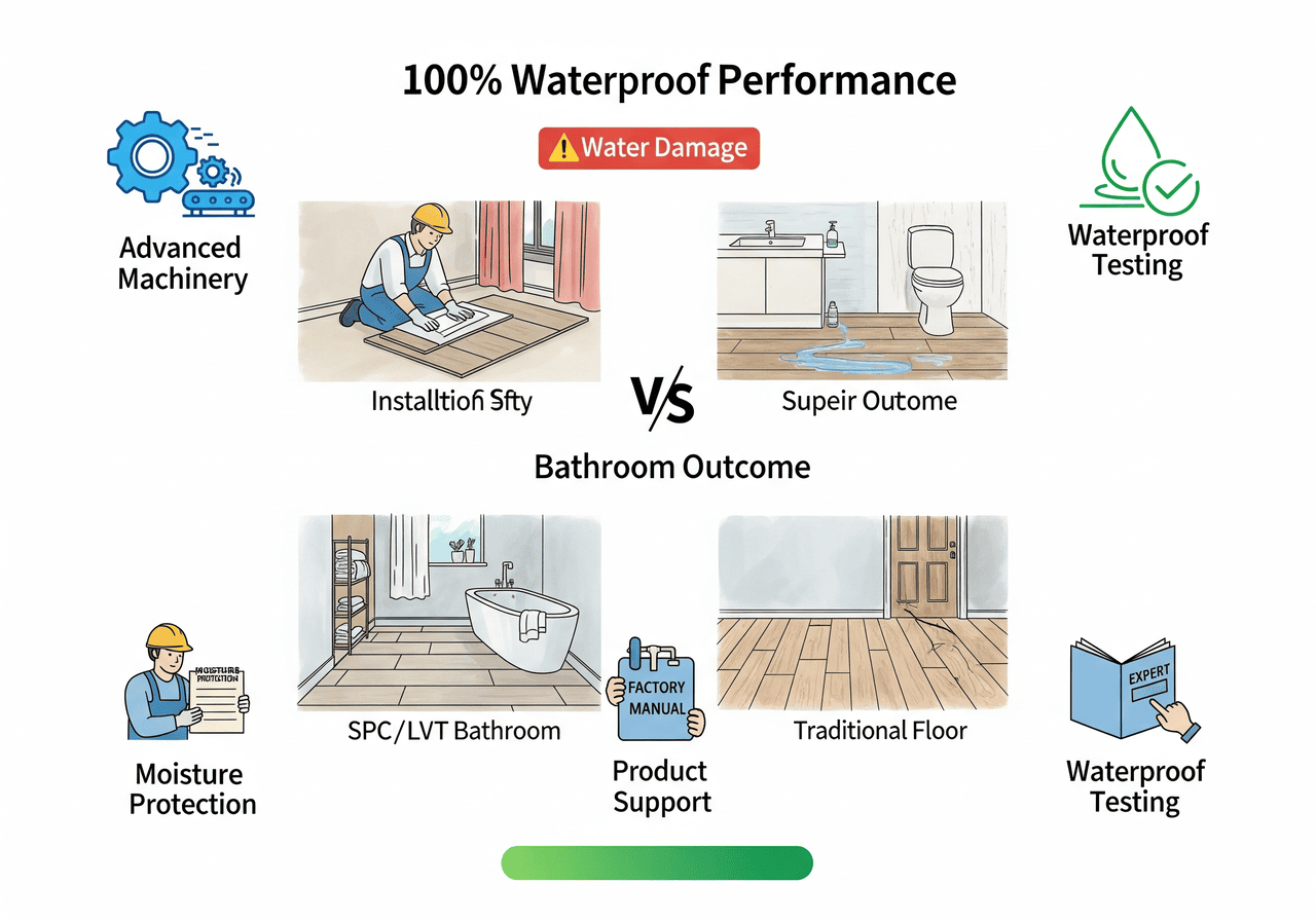 Waterproof Performance 100% Waterproof Performance for Bathrooms: Compares SPC/LVT with traditional flooring, highlighting advanced machinery, installation safety, and moisture protection to prevent water damage and ensure a superior outcome.