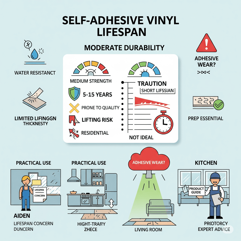 Self-Adhesive Vinyl Lifespan: Moderate durability, 5-15 years, and importance of prep for adhesive wear concerns