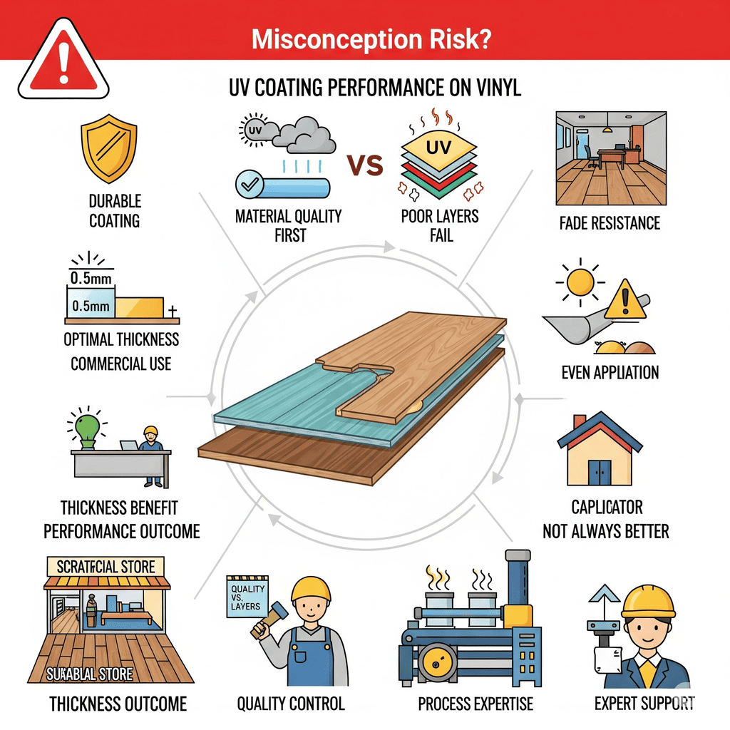 UV Coating Performance on Vinyl: Addresses misconceptions, emphasizes material quality, optimal thickness (0.5mm) for commercial use, and fade resistance.