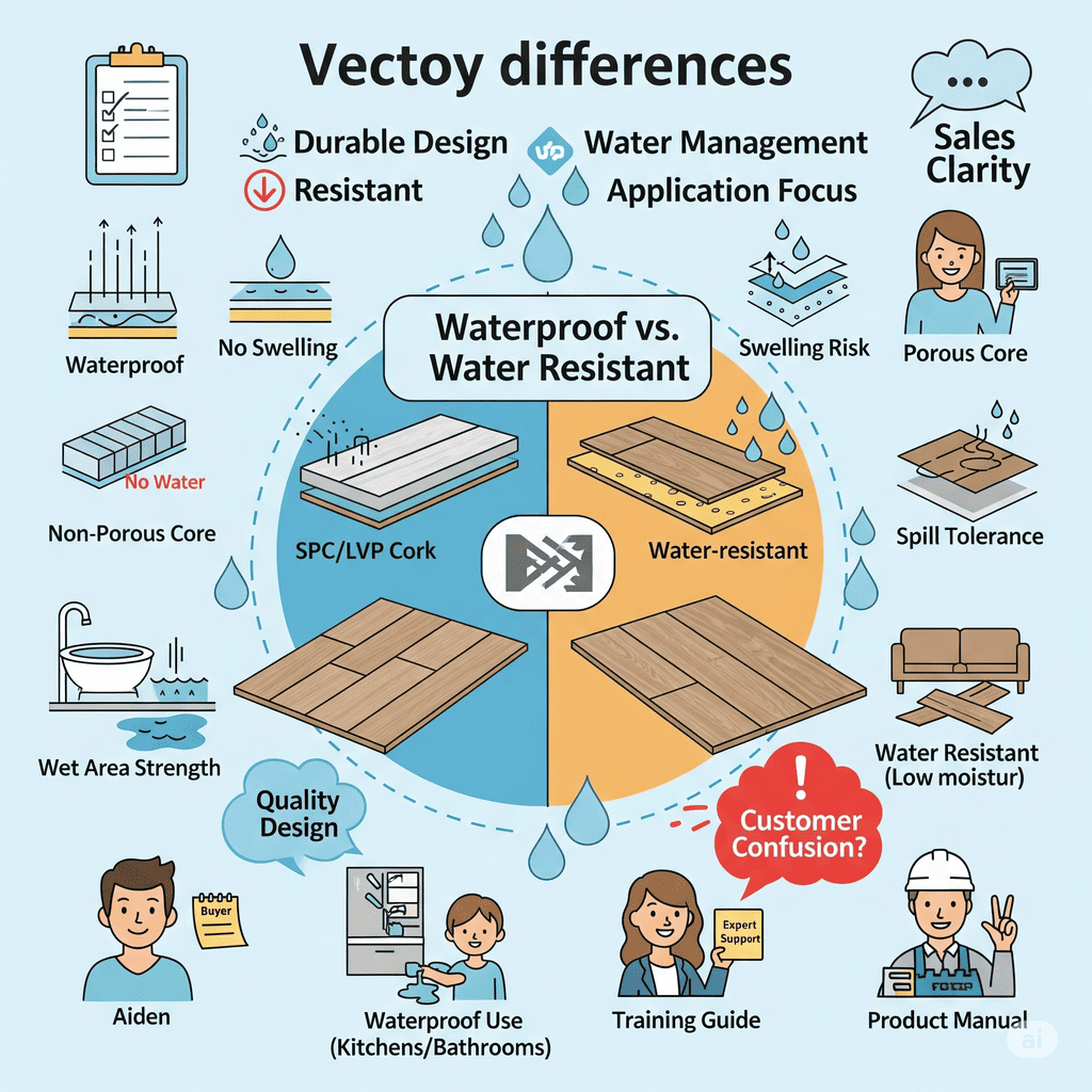 Waterproof vs. Water Resistant: Explains differences in core materials, swelling risk, and suitability for wet areas.