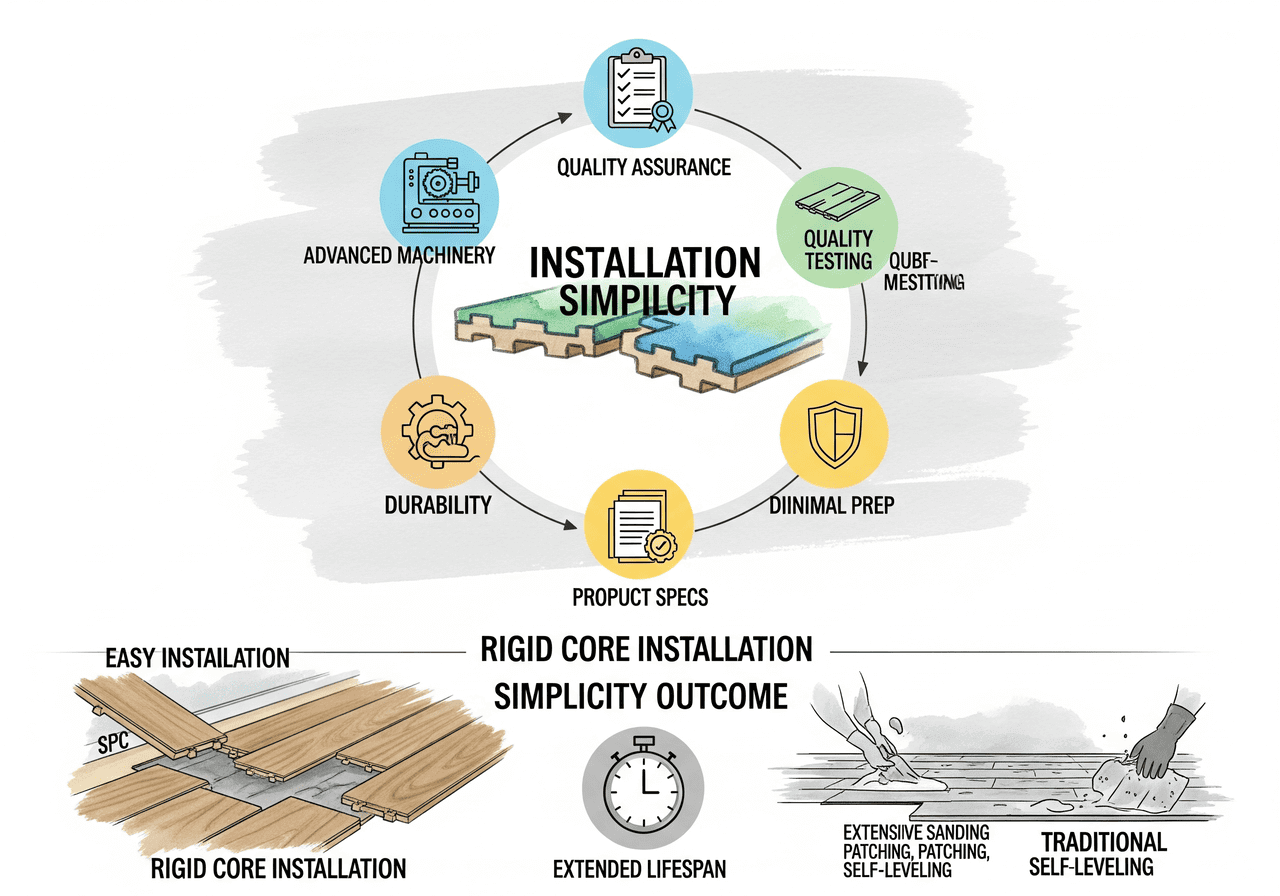 Rigid Core Installation Simplicity Outcome: Emphasizes easy installation, durability, and extended lifespan due to quality assurance, advanced machinery, and minimal prep.