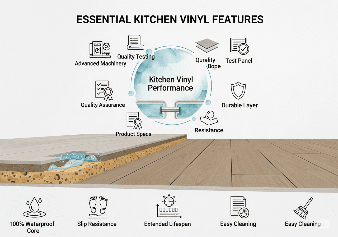 Essential Kitchen Vinyl Features: Showcases advanced machinery, quality testing, and quality assurance for durable, waterproof, slip-resistant, easy-to-clean vinyl flooring with an extended lifespan.