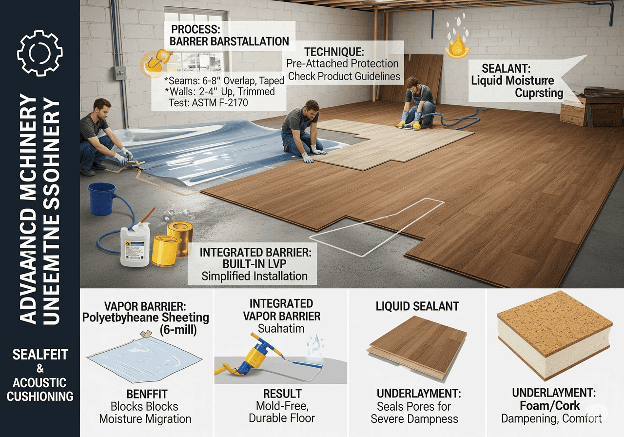 Flooring Moisture Barrier Advanced Moisture Barrier & Cushioning for Flooring: Details vapor barrier installation techniques (polyethylene sheeting, liquid sealant), underlayment options (foam, cork) for dampening and comfort, ensuring a mold-free, durable floor with integrated barriers and expert sealing.