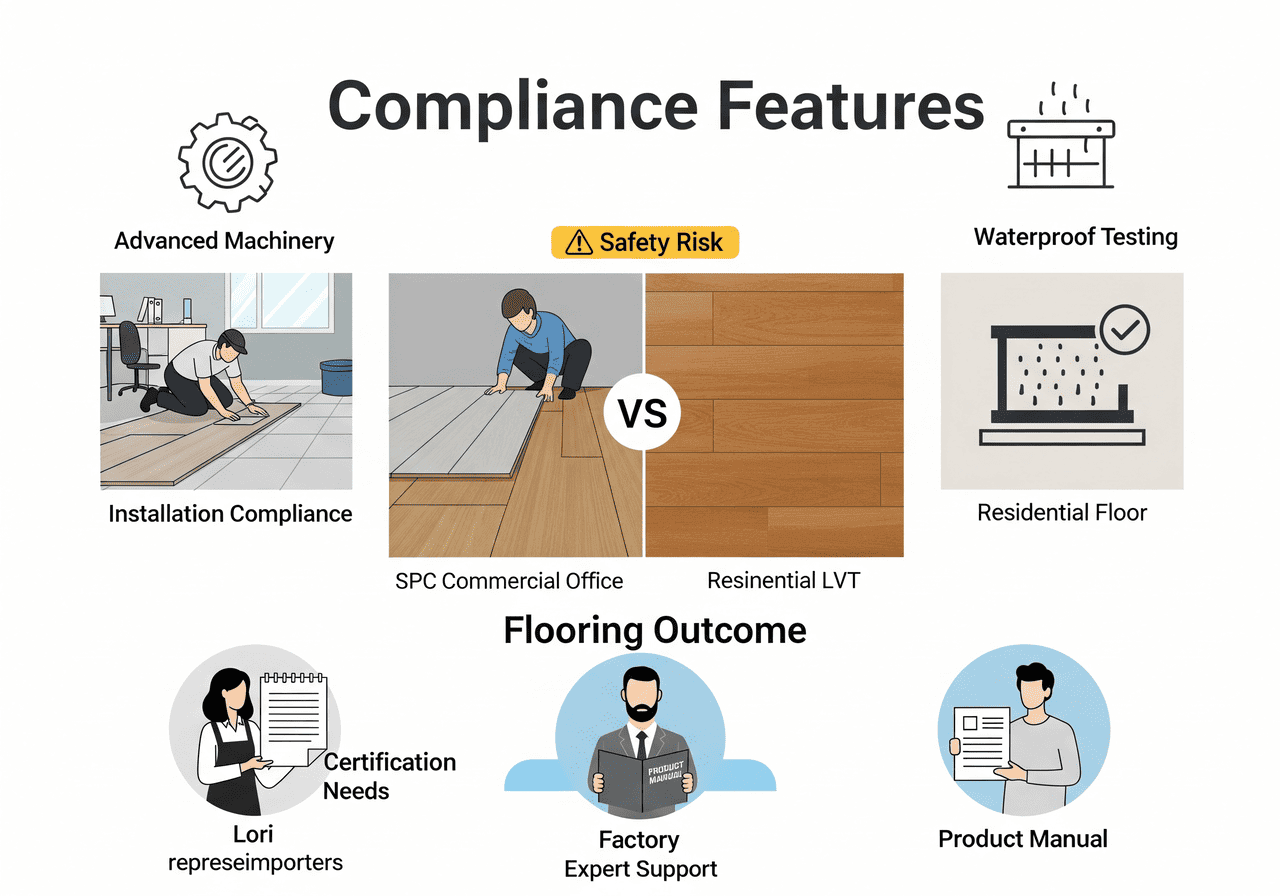 Compliance Features: SPC Commercial Office vs. Residential LVT: Addresses safety risk and certification needs for both commercial SPC and residential LVT, highlighting advanced machinery, waterproof testing, and factory expert support for installation compliance.