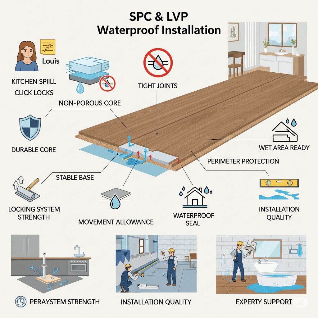 SPC & LVP Waterproof Installation: Showcases the importance of non-porous cores, tight joints, and perimeter protection for wet areas.