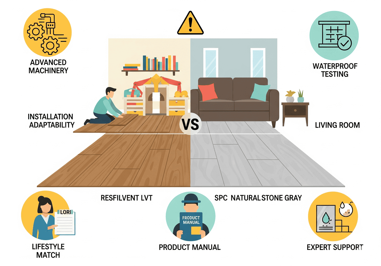 LVT and SPC Natural Stone Gray for Living Rooms: Highlights installation adaptability, waterproof testing, advanced machinery, and lifestyle match, ensuring a perfect flooring outcome with expert support for both LVT and SPC.